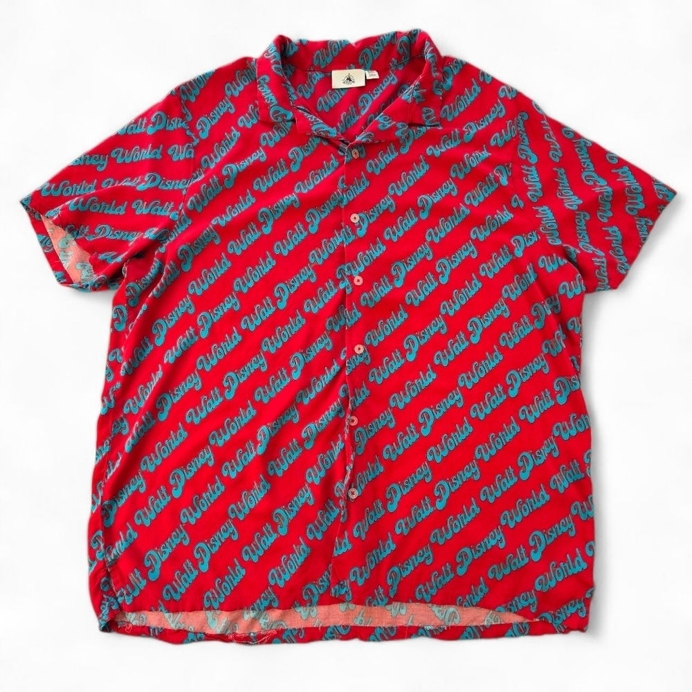 Disney Parks Walt Disney World Shirt XXL Red All Over Print Button Front Rayon